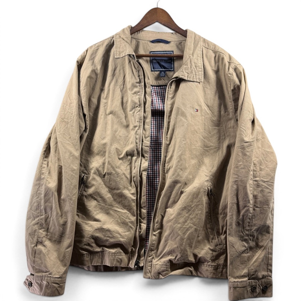 Tommy Hilfiger Tan Khaki Harrington Jacket Plaid Lined Full Zip Mens XL